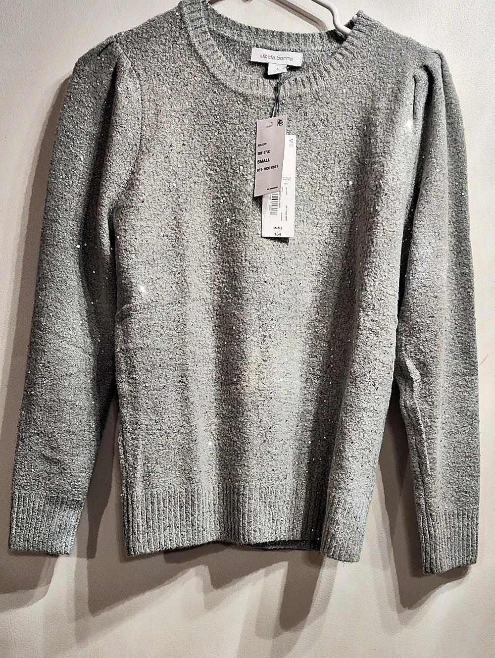 Liz Claiborne Sequin Crew Neck Sweater in Gray Small NWT